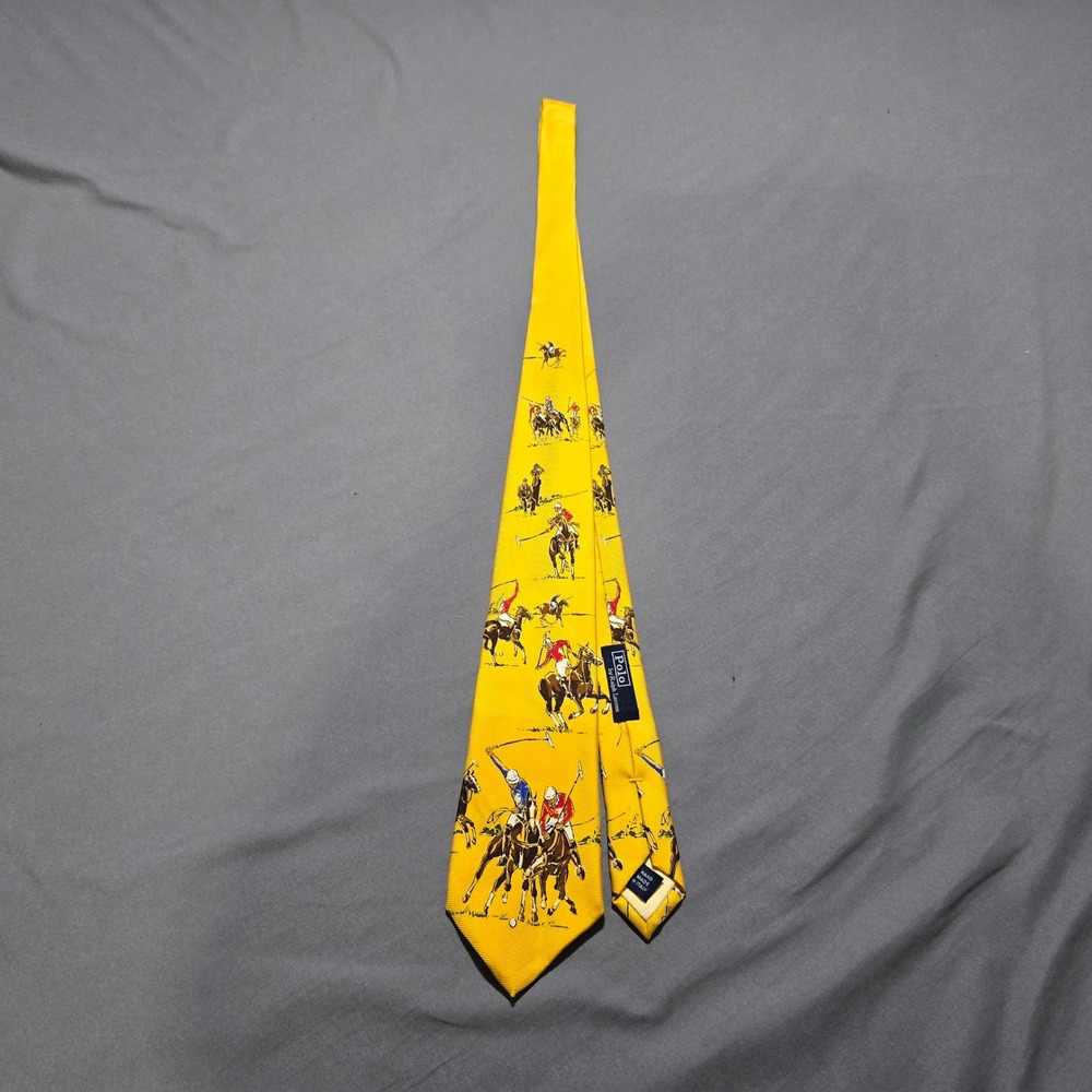 Polo Ralph Lauren Necktie Mens OS Yellow Silk Equestrian Polo Match Italy